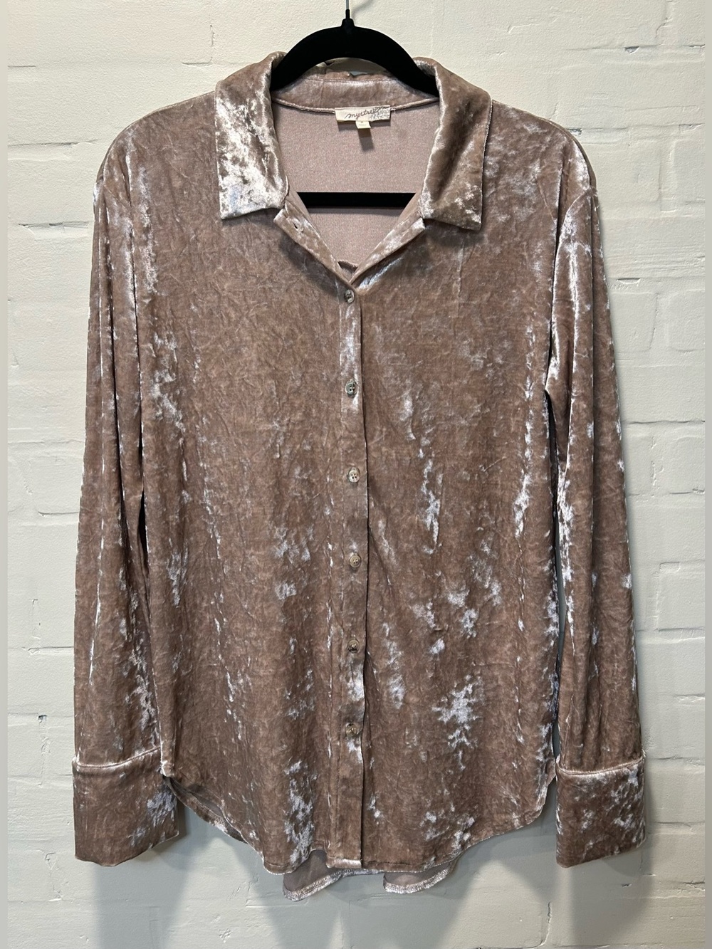 Mystree Crushed Velvet Button Down Tunic Shirt Taupe M Boho Indie Holiday